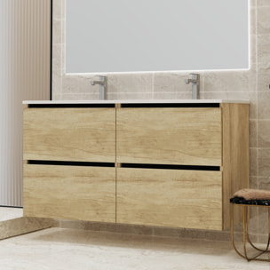 ENSEMBLE SALLE DE BAIN GLOOM | MEUBLE SUSPENDU | 140 CM NATURE | 4 TIROIRS | LAVABO ENCASTRÉ | MEUBLE MONTÉ | ALDAY