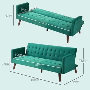 Canapé convertible 3 places design Chesterfield inclinable réglable effet capitonné velours vert turquoise