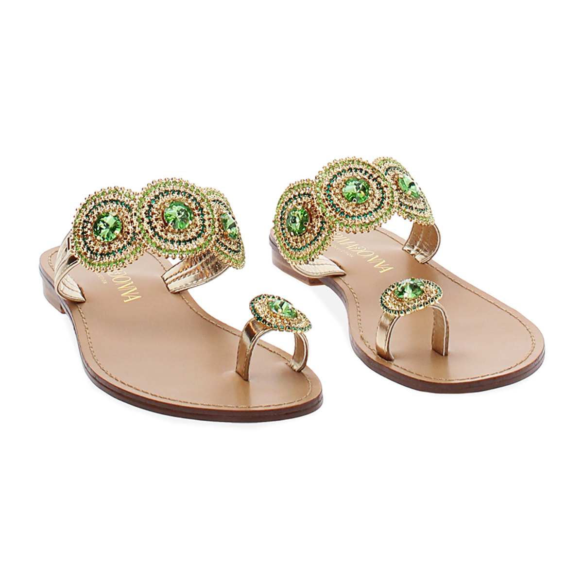 Sandali bassi donna oro con pietre verdi in laminato