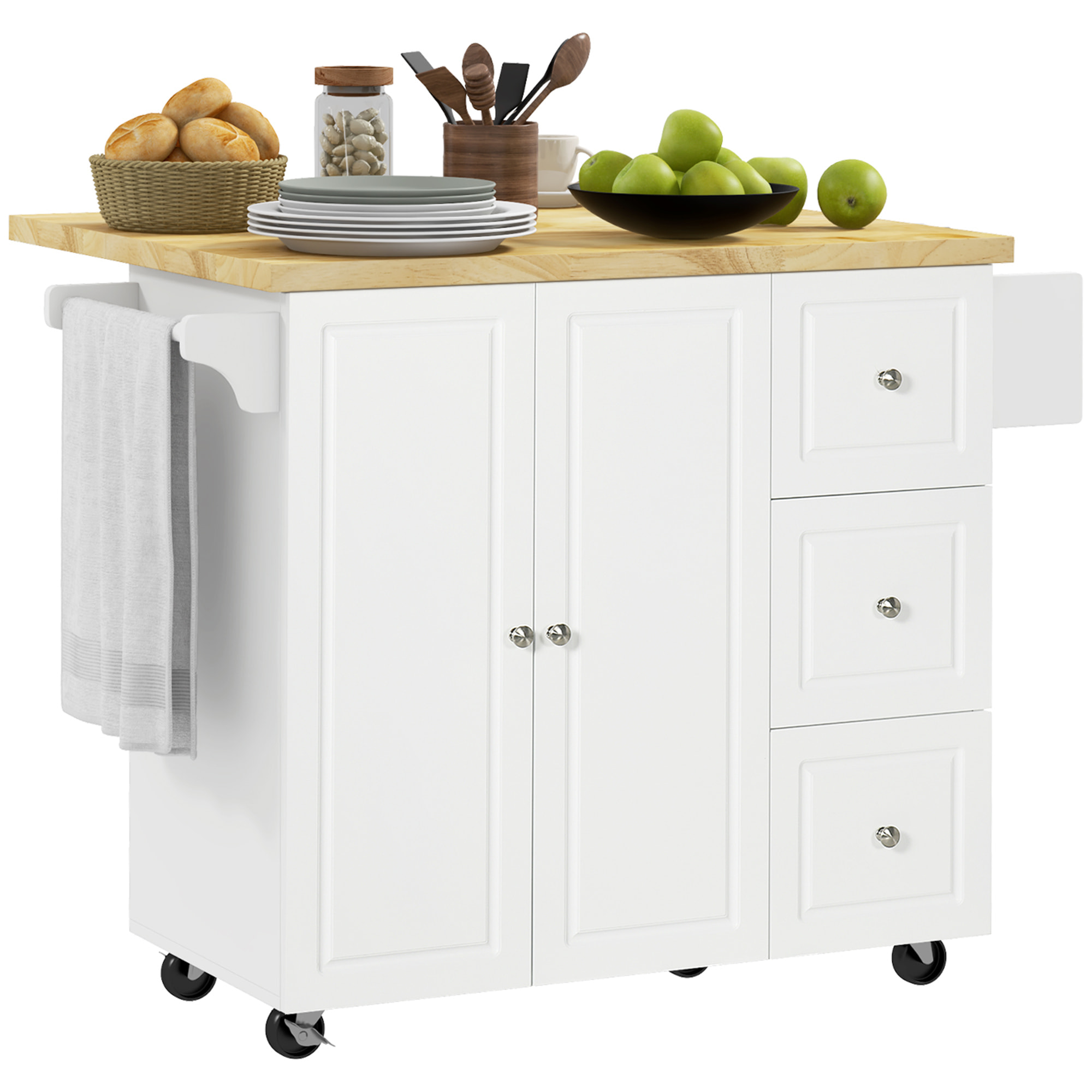 Desserte de cuisine multi rangement 3 tiroirs 2 portes avec étagère rack épices porte-torchons plateau rallonge hévéa MDF blanc