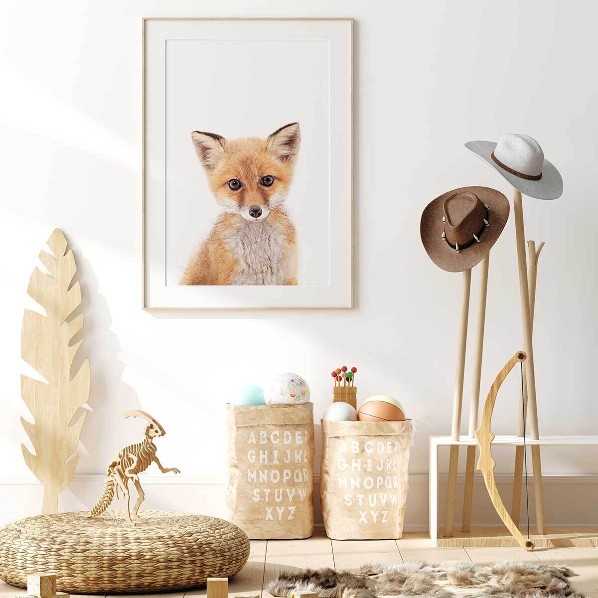Affiche enfant bébé fox  Affiche + cadre en bois - Chêne