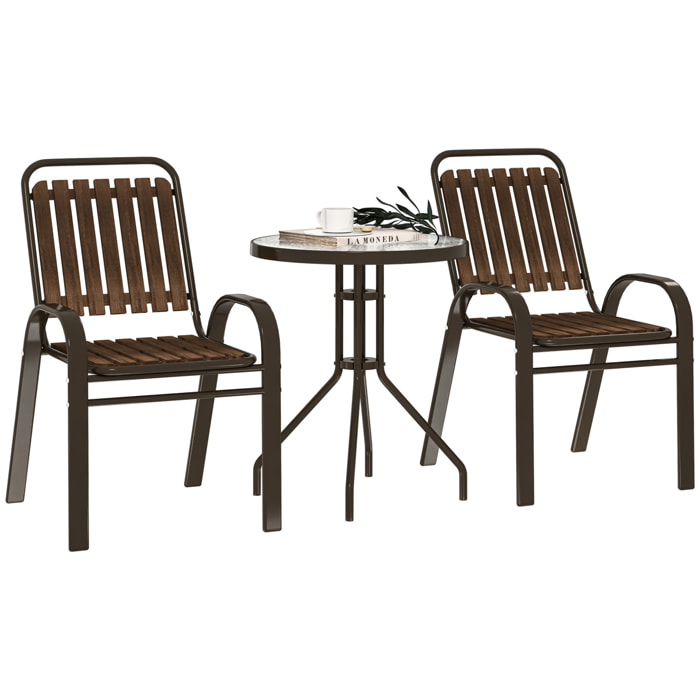 Conjunto Jardín Exterior de 3 Piezas Juego de Muebles de Jardín con 2 Sillas Apilables Mesa con Encimera de Vidrio Templado y Estructura de Acero para Terraza Patio Balcón Marrón Oscuro