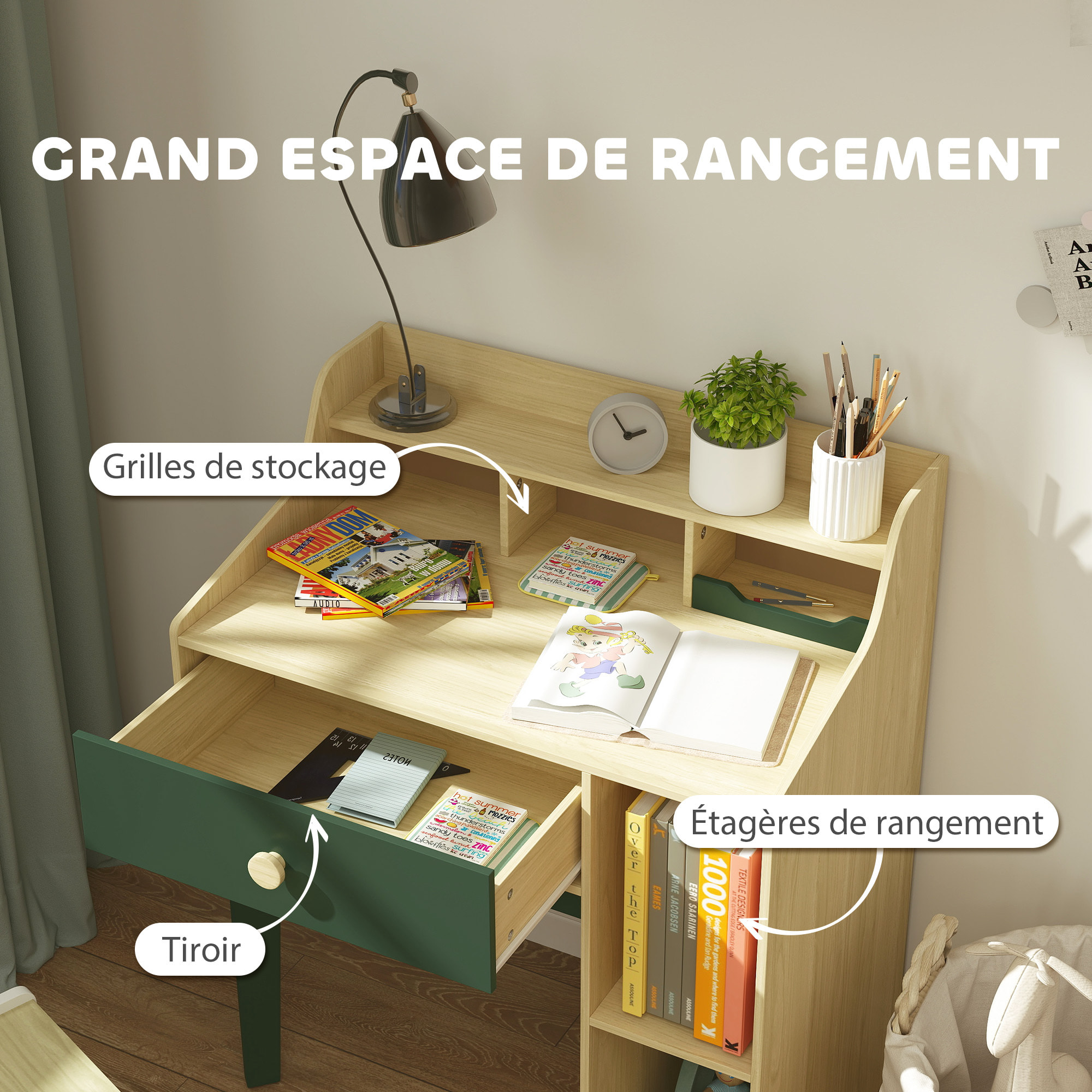 Ensemble bureau chaise enfant style néo-rétro - tiroir, étagère, 5 niches - aspect bois vert