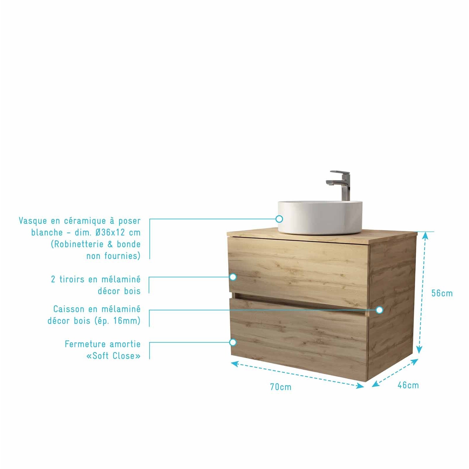 Meuble de salle de bains suspendu 70cm TIMBER Décor Chêne 2 tiroirs Vasque blanche à poser