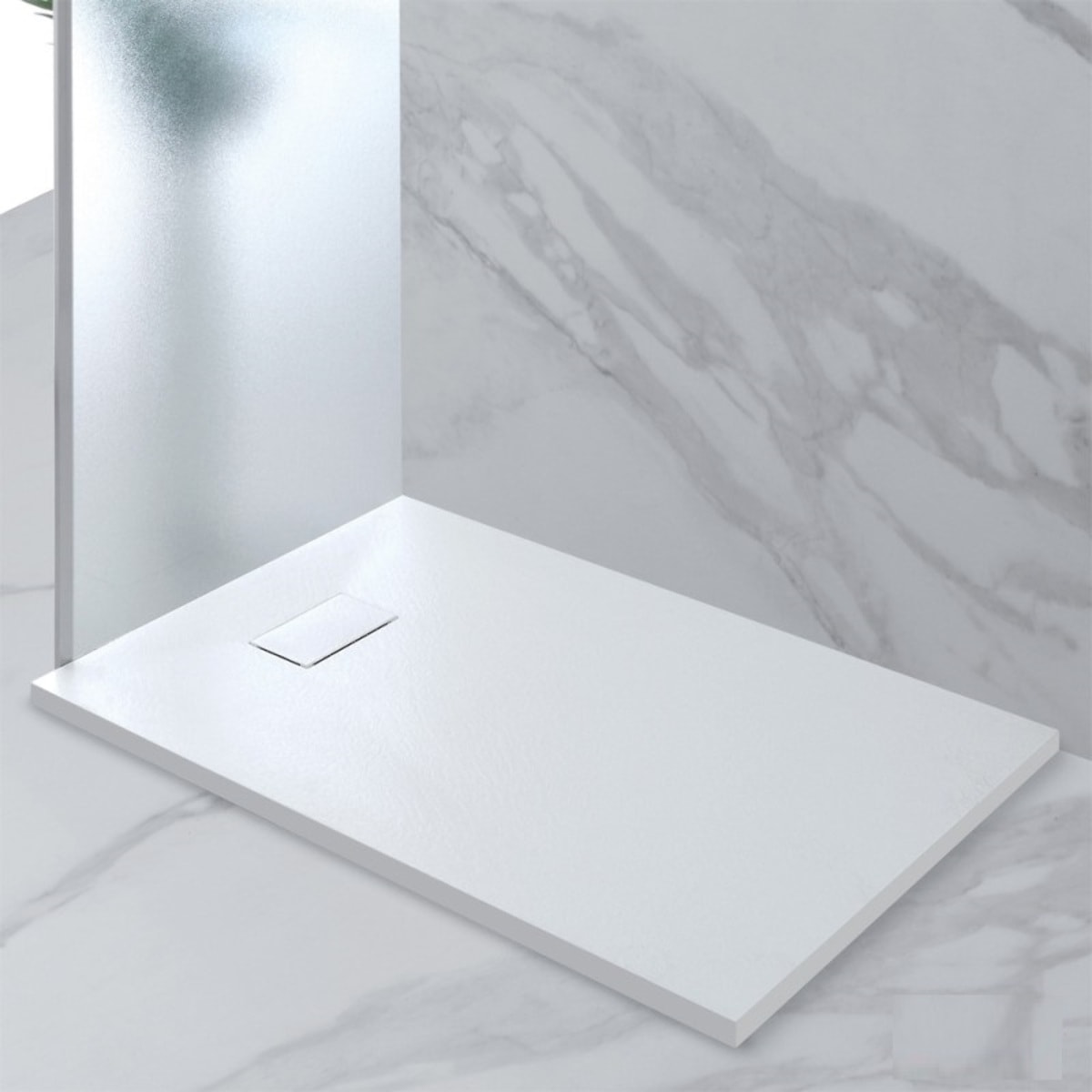Piatto Doccia Spessore 2.6 Cm Resina SMC Effetto Pietra Stone Ardesia Antiscivolo Riducibile Filopavimento Con Griglia Di Copertura Bianco 70x150 Cm