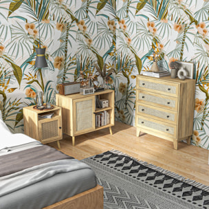 Conjunto para el Hogar Incluye 1 Cómoda con 4 Cajones 1 Aparador y 2 Mesitas de Noche con Puerta de Ratán Sintético Estilo Cannage Natural