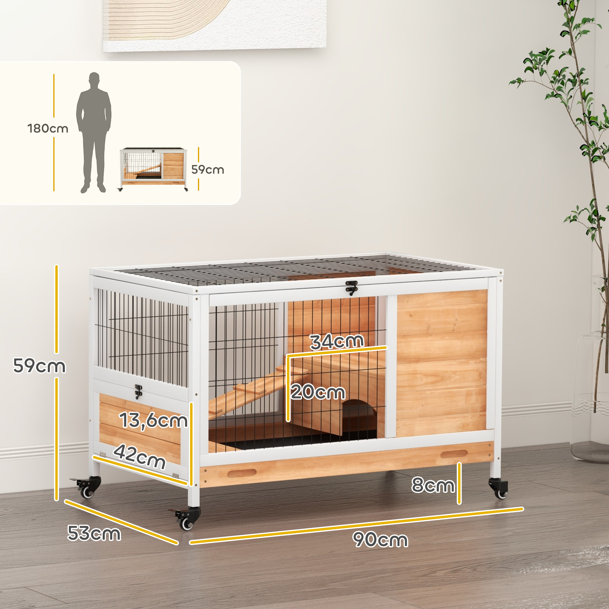 Jaula para Conejos de Madera Conejera para Mascotas Pequeñas Portátil Interior con Techo Abrible Rampa Bandeja Extraíble para Conejillos de Indias 90x53x59 cm Natural y Blanco