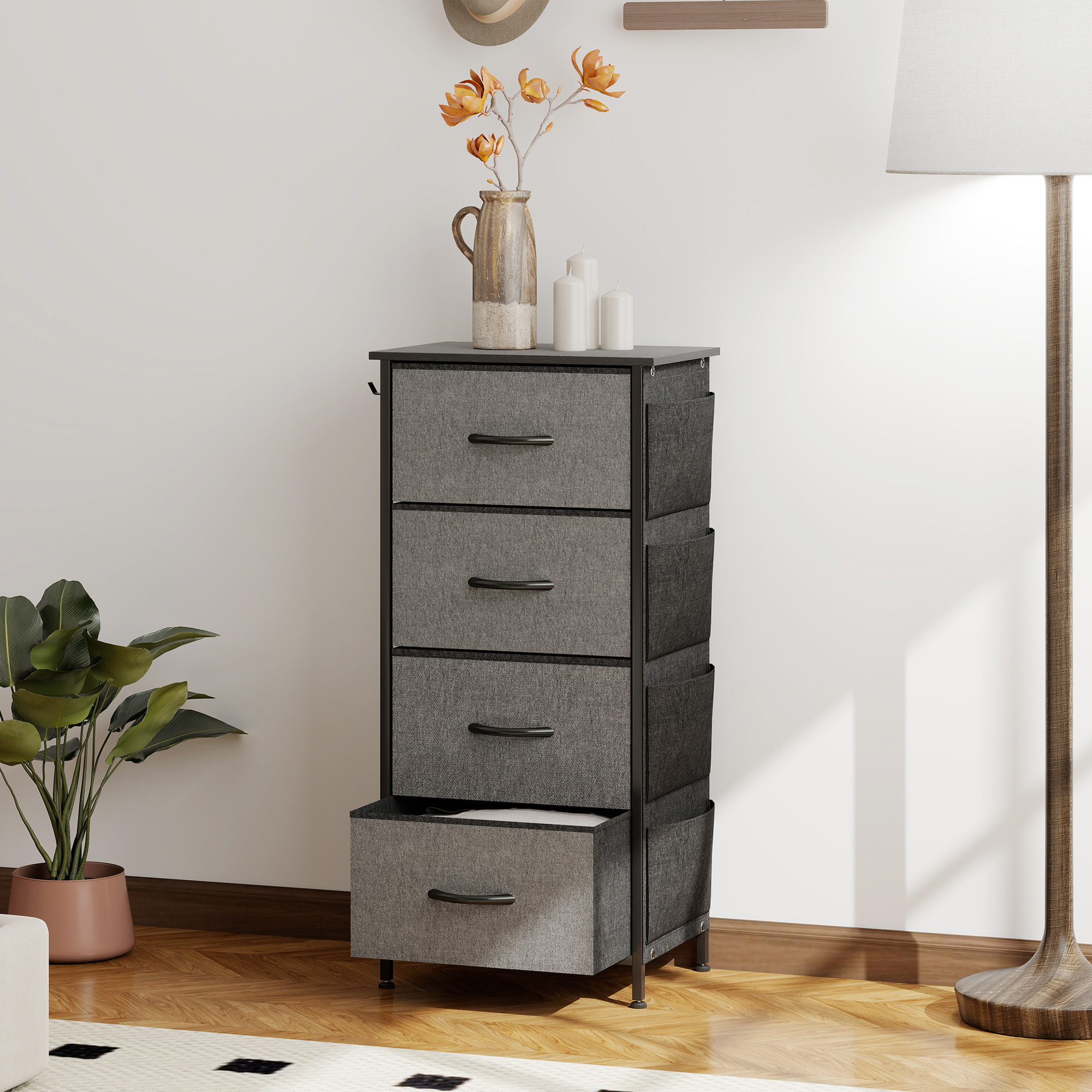 Commode chiffonnier 4 tiroirs en tissu 4 poches 2 crochets gris noir