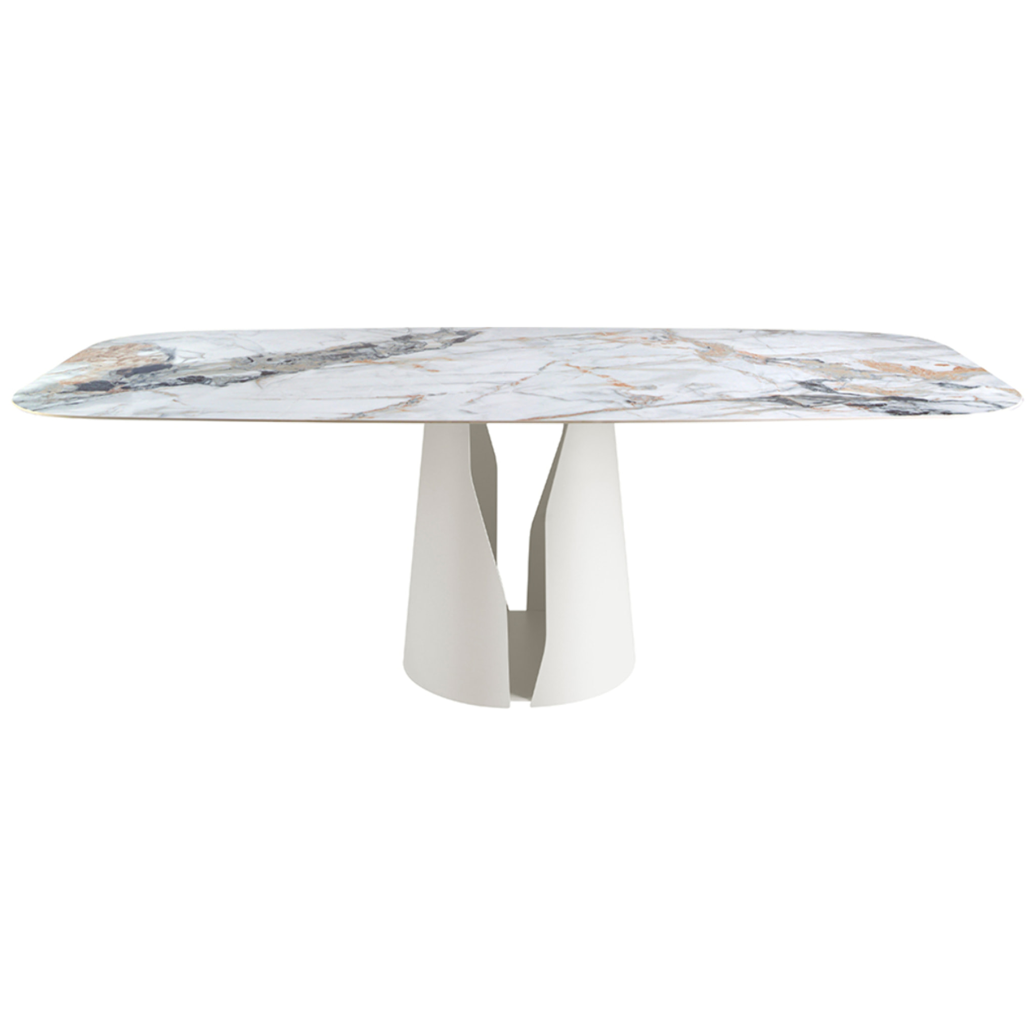 Mesa comedor Angel Cerdá ovalada barril con tapa fija de mármol porcelánico blanco con vetas en tonalidades grises y marrones en acabado brillo 238x110x76cm