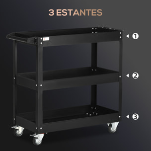 Carro de Herramientas con Ruedas Carro de Taller de Acero con 3 Estantes de Almacenamiento y Asa Lateral para Garaje Mecánico Hogar Carga 150 kg 83x35,3x76 cm Negro