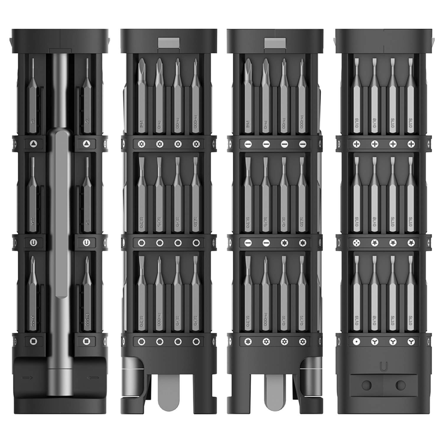 Destornillador de precisión 46 en 1 con cuerpo metálico, rosca giratoria, puntas magnéticas y carcasa de aleación de aluminio con apertura por presión.