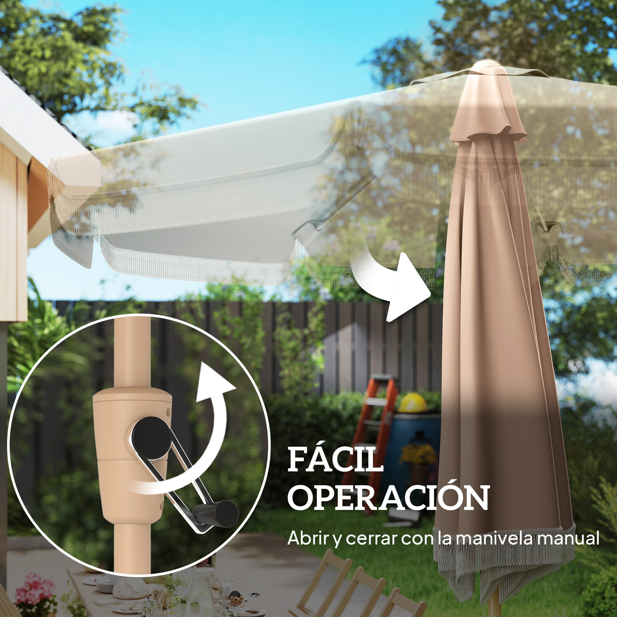 Sombrilla Terraza Exterior, Ø266x238 cm, Sombrilla de Jardín con Ángulo Ajustable 30°, Manivela, Flecos y Ventilación, Impermeable, Parasol para Terraza, Playa, Patio, Balcón, Caqui