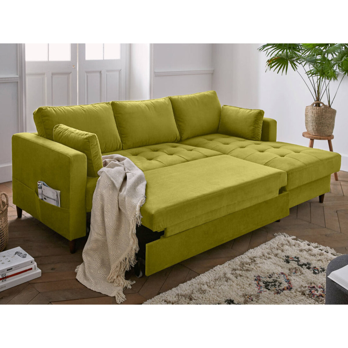 Anna - canapé d'angle droit - 4 places - convertible avec coffre - en velours - Vert Olive