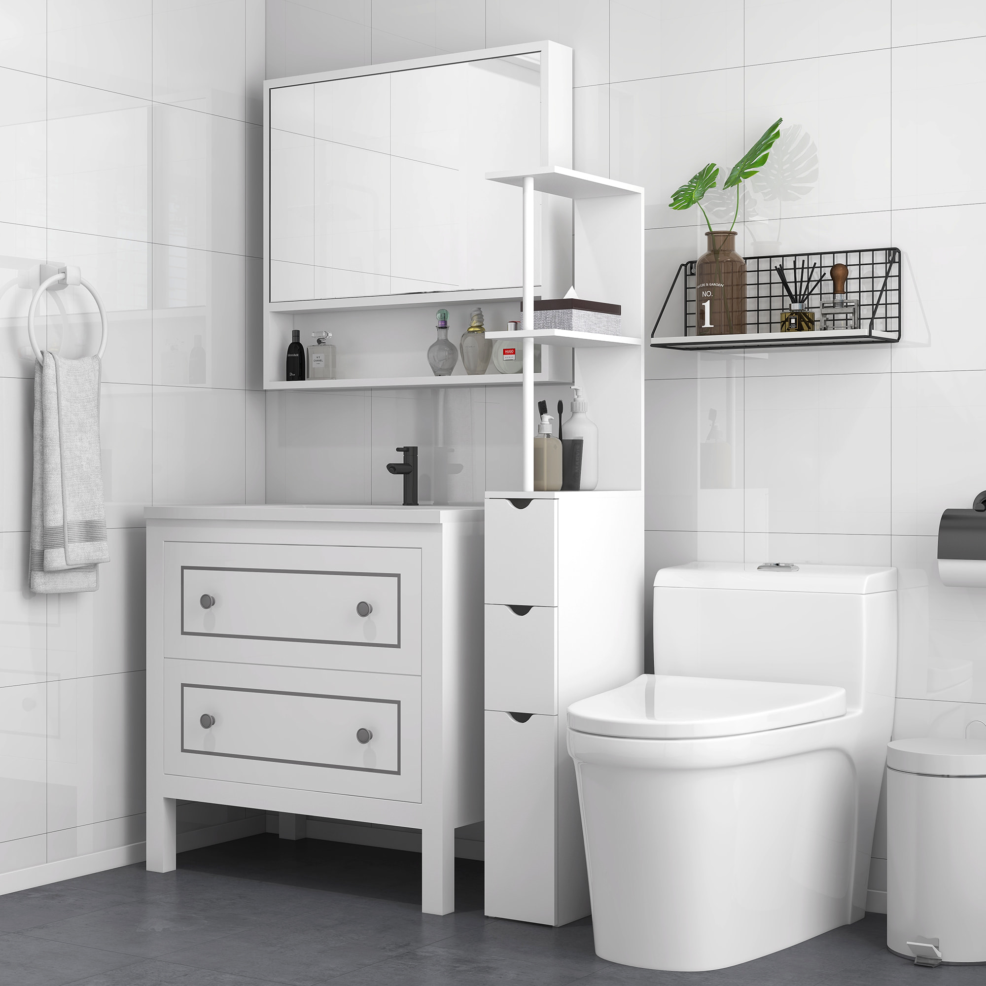 Colonne salle de bain style contemporain - 2 tiroirs, 2 étagères, porte - MDF métal blanc