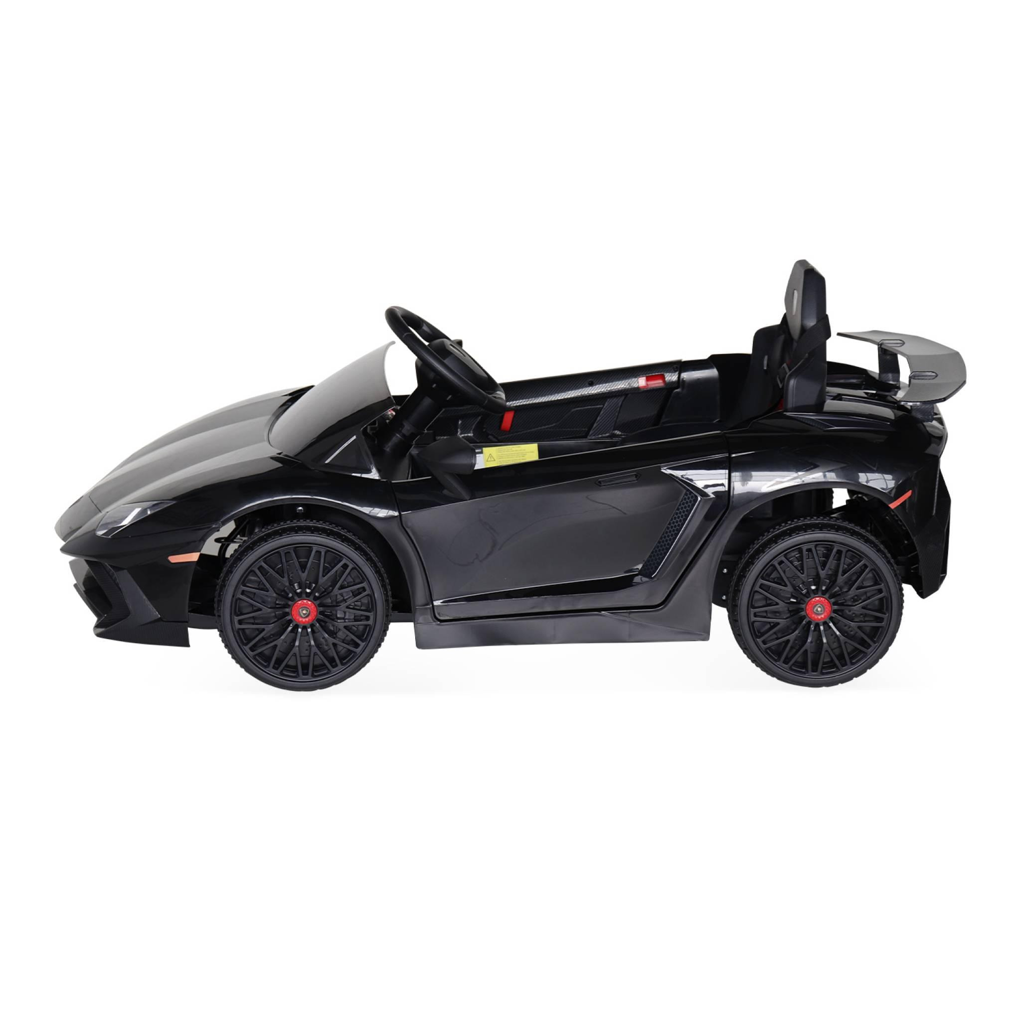 Voiture électrique 12V pour enfant Lamborghini. noir. 1 place. avec autoradio. télécommande. MP3. port USB et phares fonctionnels