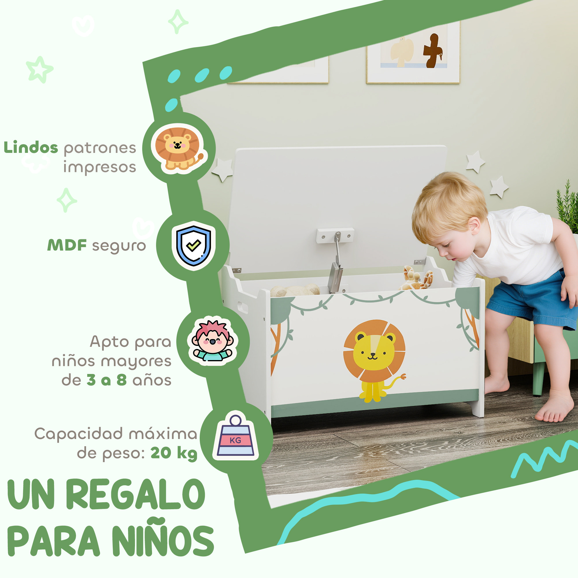 Caja de Almacenaje Juguetes, 53L, Baúl Juguetes Infantil, Organizador Juguetes con Tapa Abatible, Pistón de Gas para Niños, Niñas, Libros, Ropa en Guardería, Sala de Juegos, Dormitorio, Verde