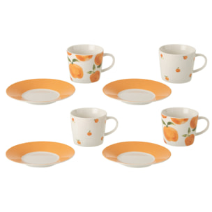 J-Line Tasse + Sous-tasse Orange - céramique - blanc/orange- large - set de 4