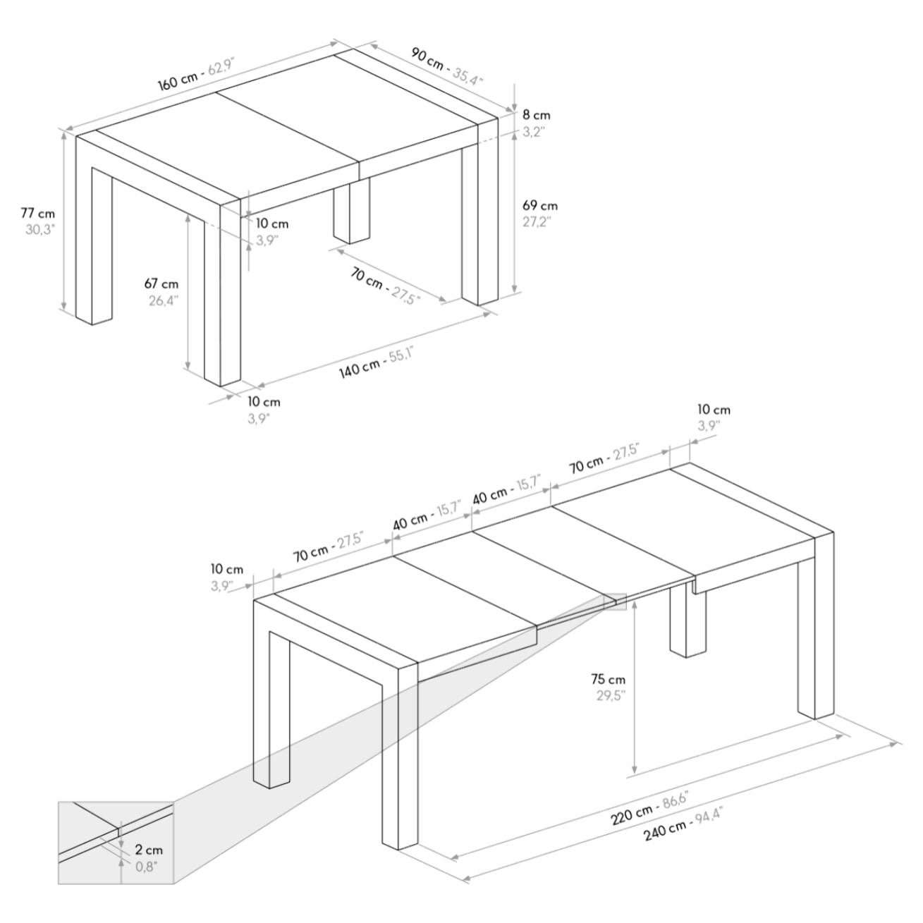 Tavolo MARZAMEMI in legno, finitura in grigio cemento, allungabile 160x90 cm - 240x90 cm