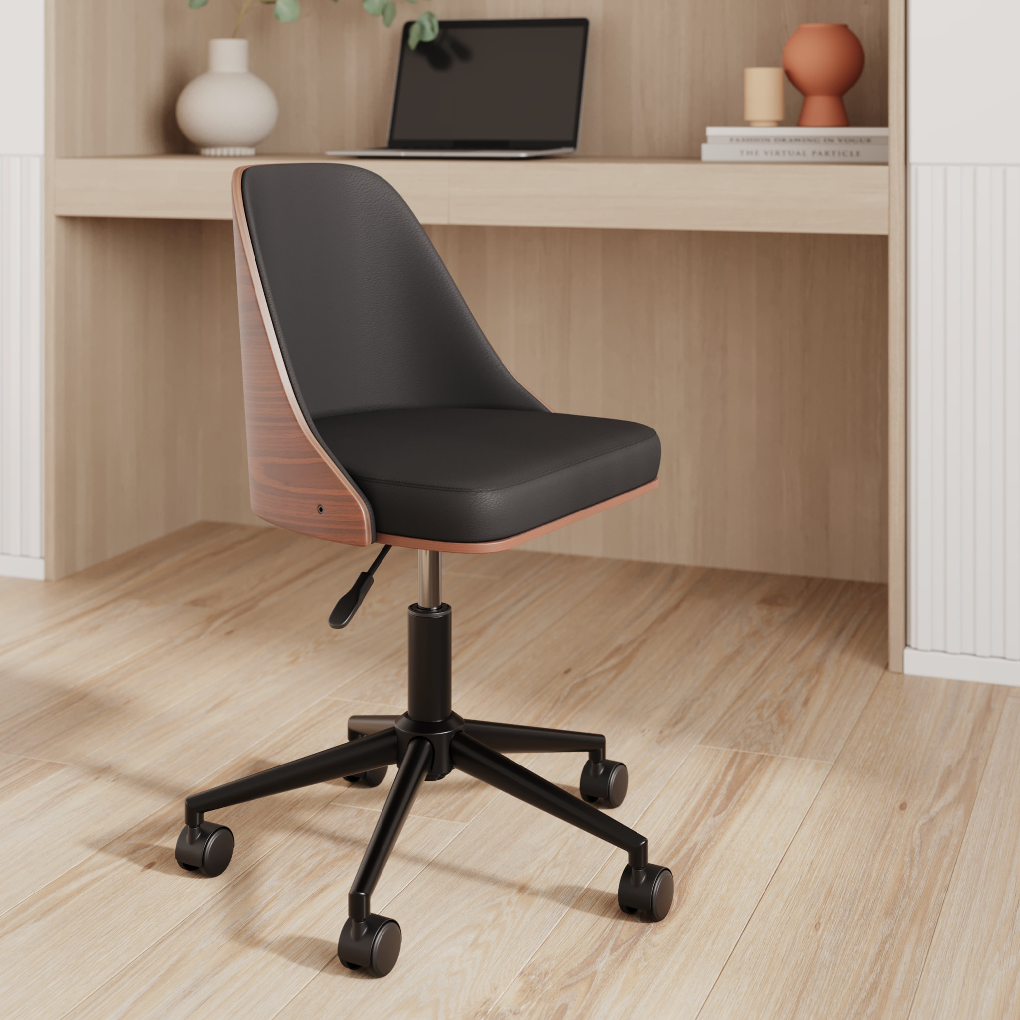 Chaise de bureau pivotante sur roulettes en bois foncé et PU noir - Georges
