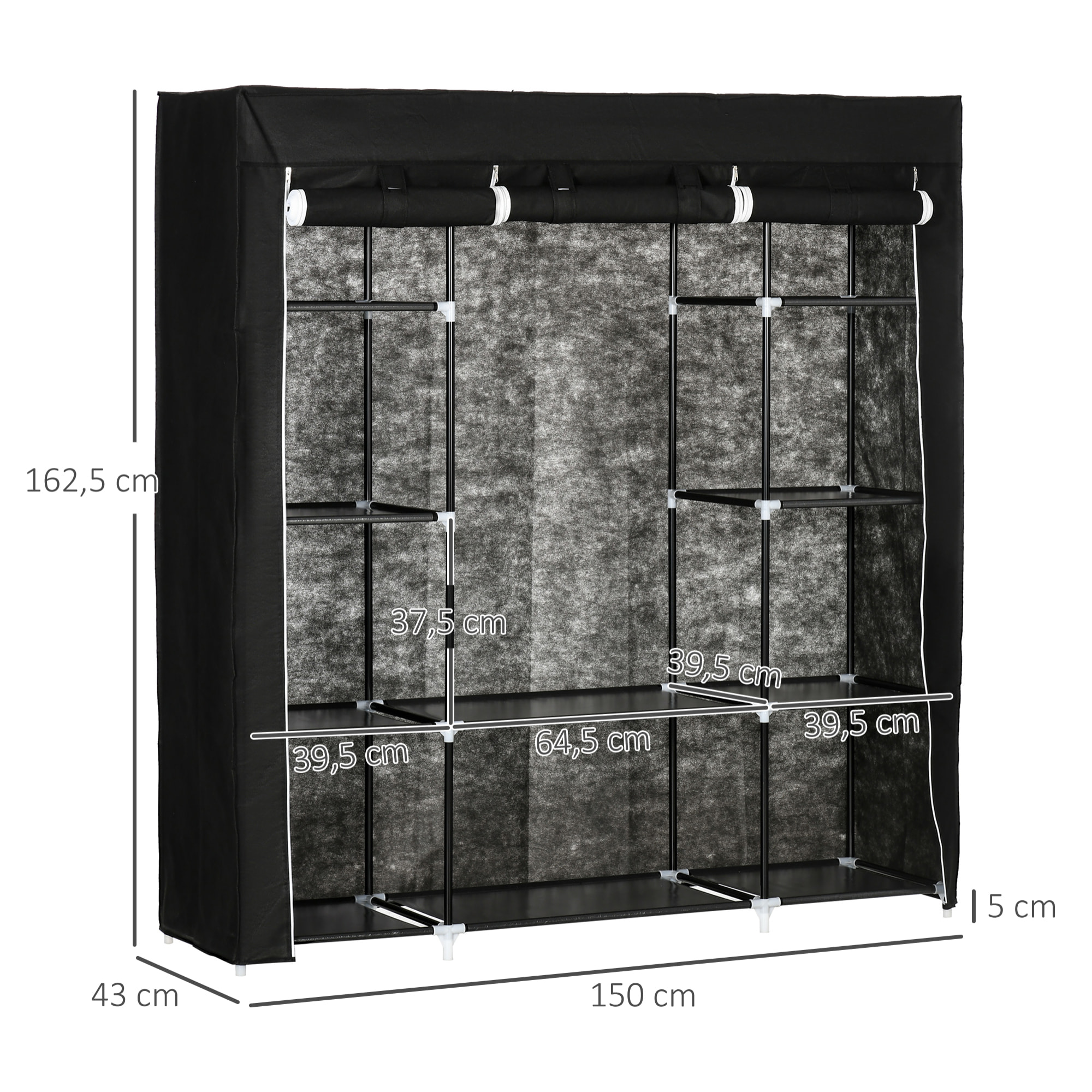 Armoire penderie toile - armoire tissu - 10 étagères, tringle - dim. 150 x 43 x 162,5 cm - noir