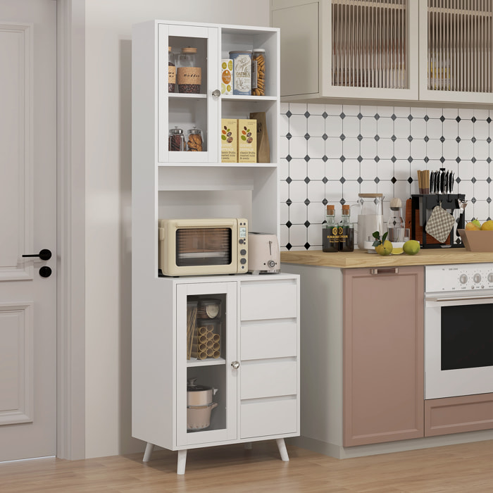 Alacena de Cocina Armario de Cocina Buffet Aparador con 2 Puertas de Vidrio Compartimentos Abiertos 4 Cajones y Estantes Ajustables 60x35x180 cm Blanco