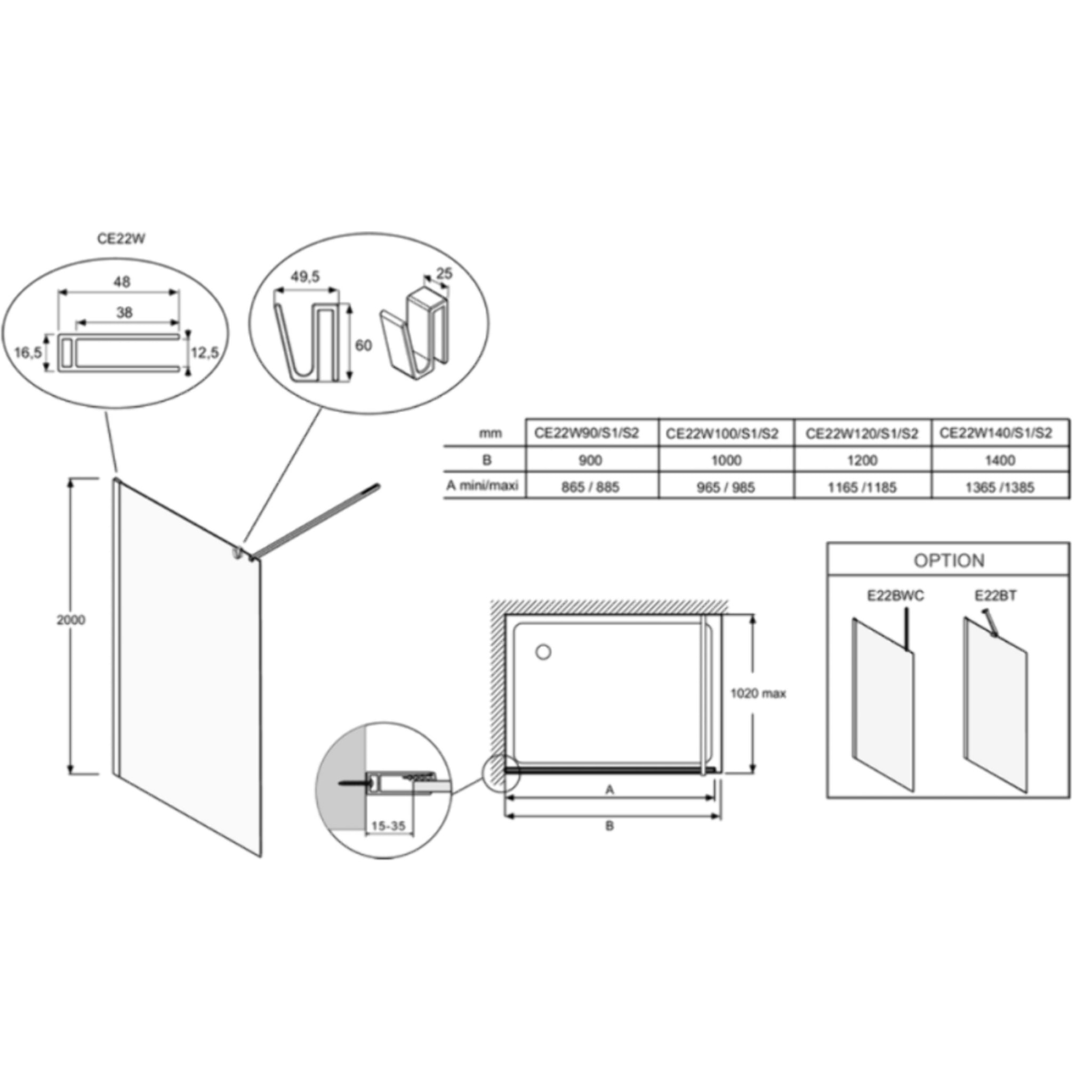 Paroi de douche Contra flute 100cm + kit profilé Laiton brossé