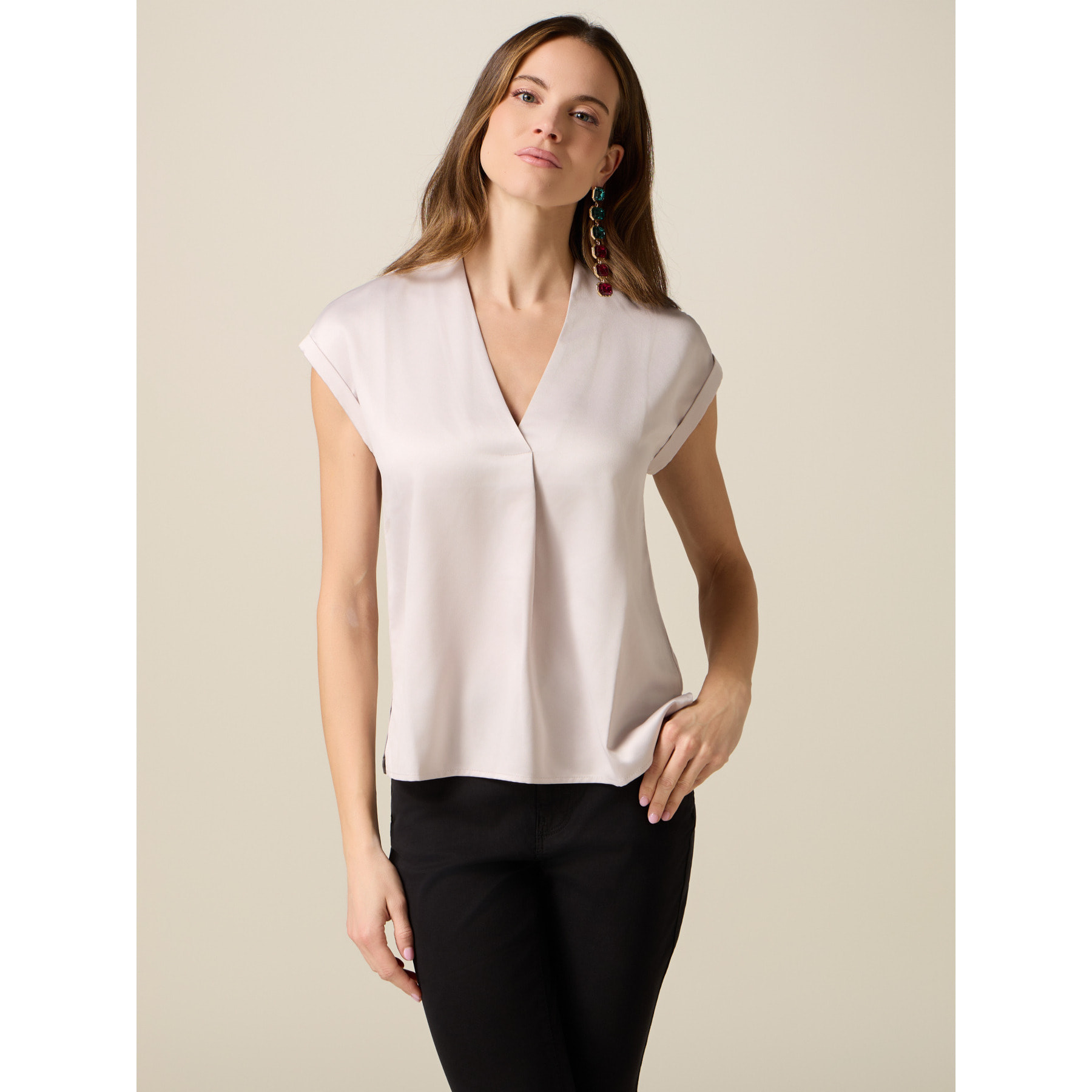 Oltre - Camiseta bimatérica con escote en V - Beige