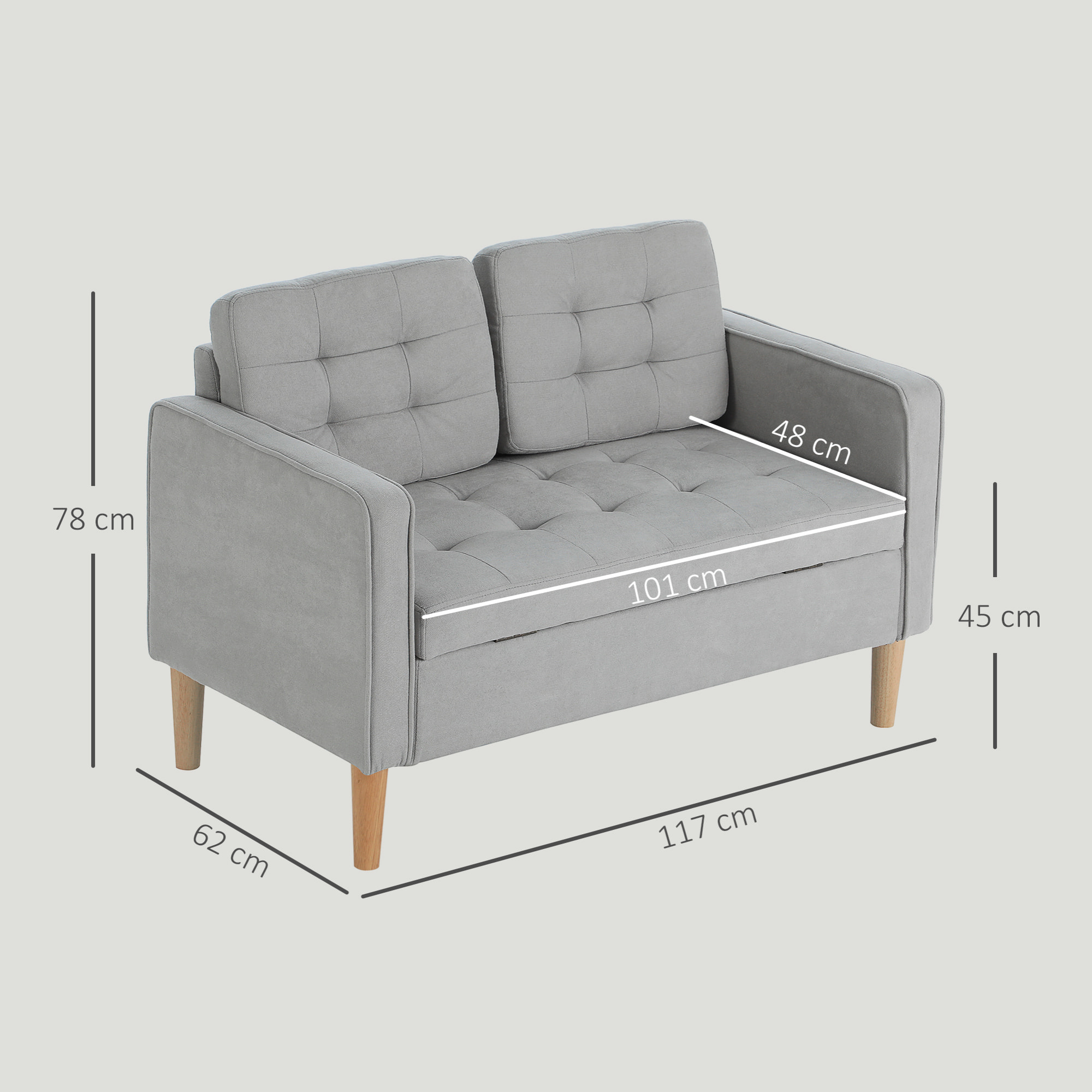 Sofá de 2 Plazas con Espacio de Almacenamiento, Sofá Moderno de Terciopelo con Patas de Madera, Respaldo Capitoné, para Salón, Dormitorio, Oficina, 117x62x78 cm, Gris Claro