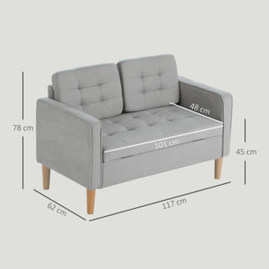 Sofá de 2 Plazas con Espacio de Almacenamiento, Sofá Moderno de Terciopelo con Patas de Madera, Respaldo Capitoné, para Salón, Dormitorio, Oficina, 117x62x78 cm, Gris Claro