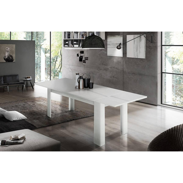 Tavolo per sala da pranzo estensibile, Made in Italy, Tavolo moderno con allunghe, Consolle allungabile, cm 140/190x90h75, colore Bianco lucido Larice