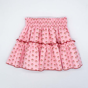 FALDA CON VOLANTE ROSA CON FLORES ROJAS