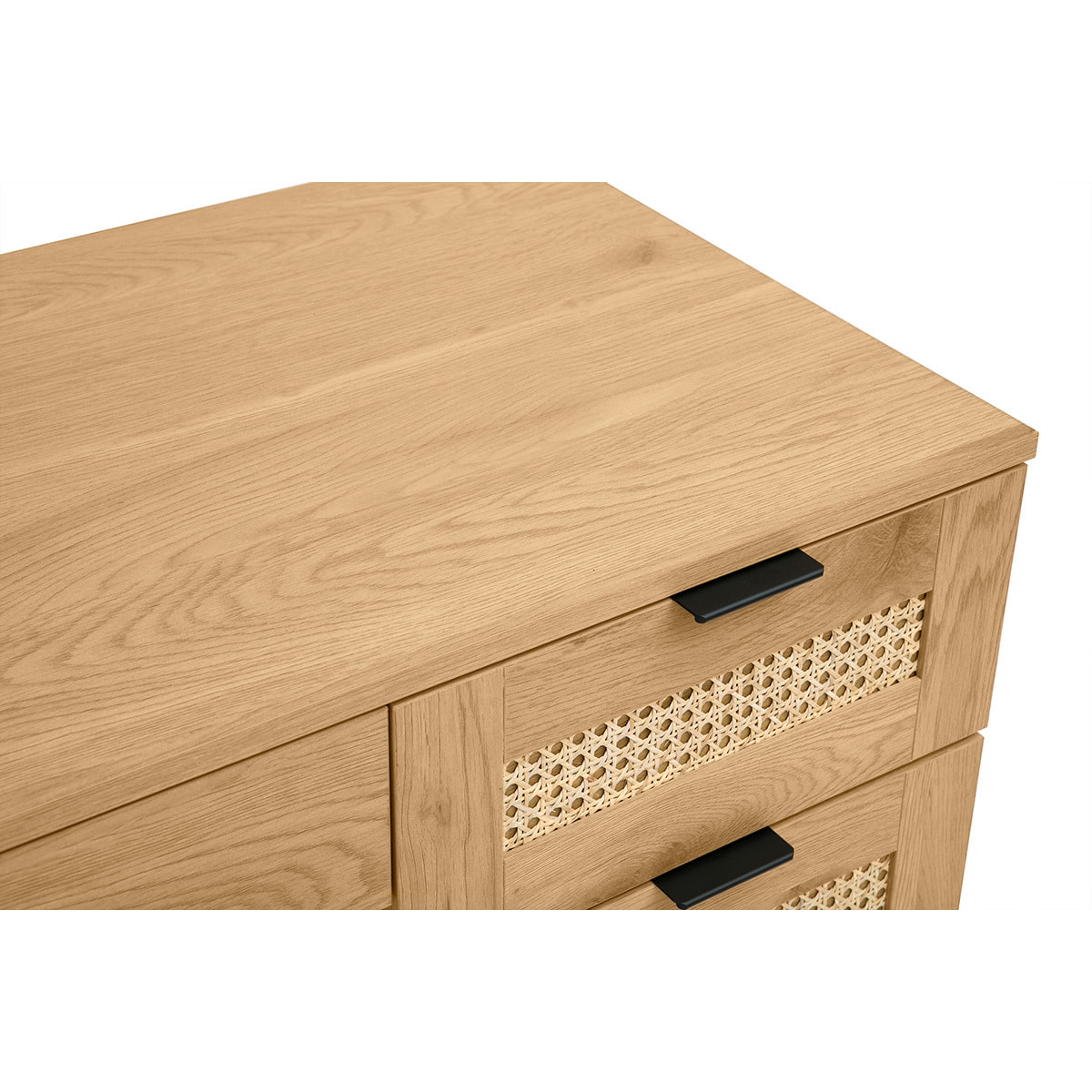 Bureau finition bois clair, cannage rotin et métal noir 3 tiroirs L120 cm MANILLE
