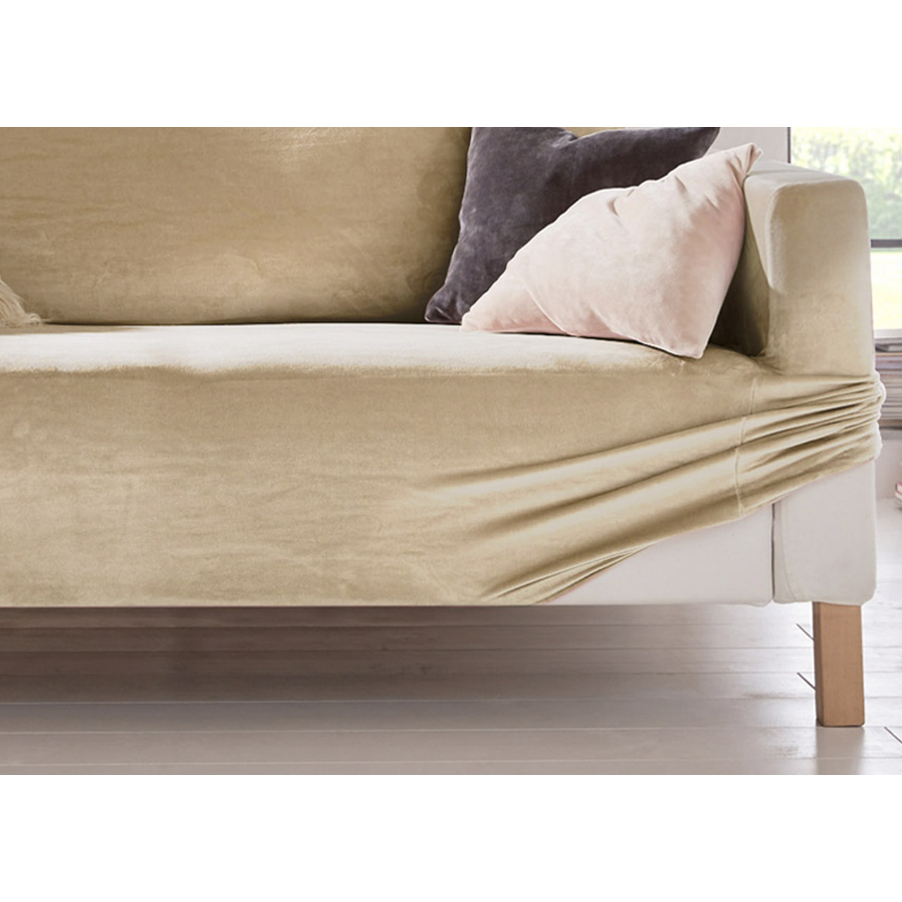 Copridivano 3 Posti Elasticizzato In Tinta Unita Effetto Velluto Modello Morbidissimo Colore Beige