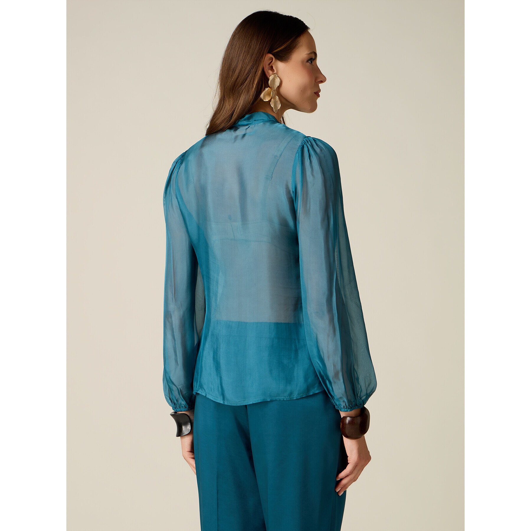 Oltre - Camicia in voile misto seta con fiocco - Ottanio