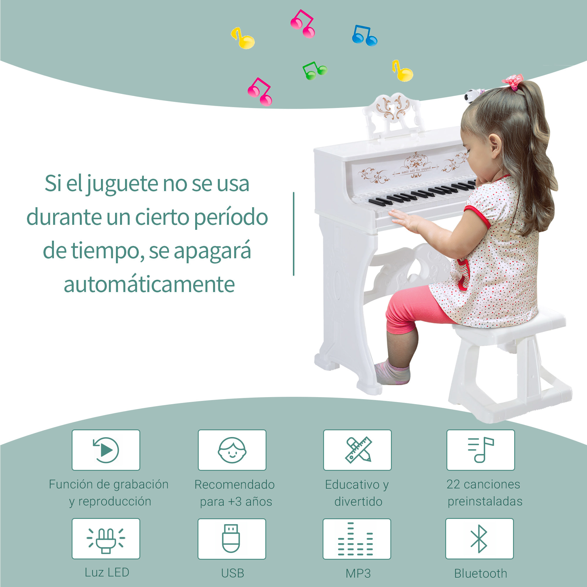 Piano Electrónico Infantil 37 Teclas con Micrófono Taburete 22 Canciones Blanco