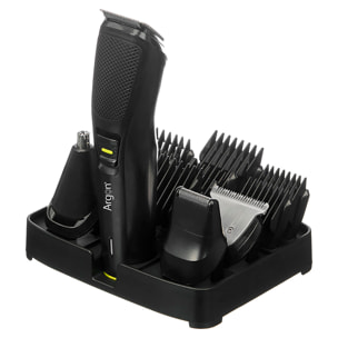 Set de cortapelo negra con soporte y 12 accesorios. Batería recargable de 600mAh.