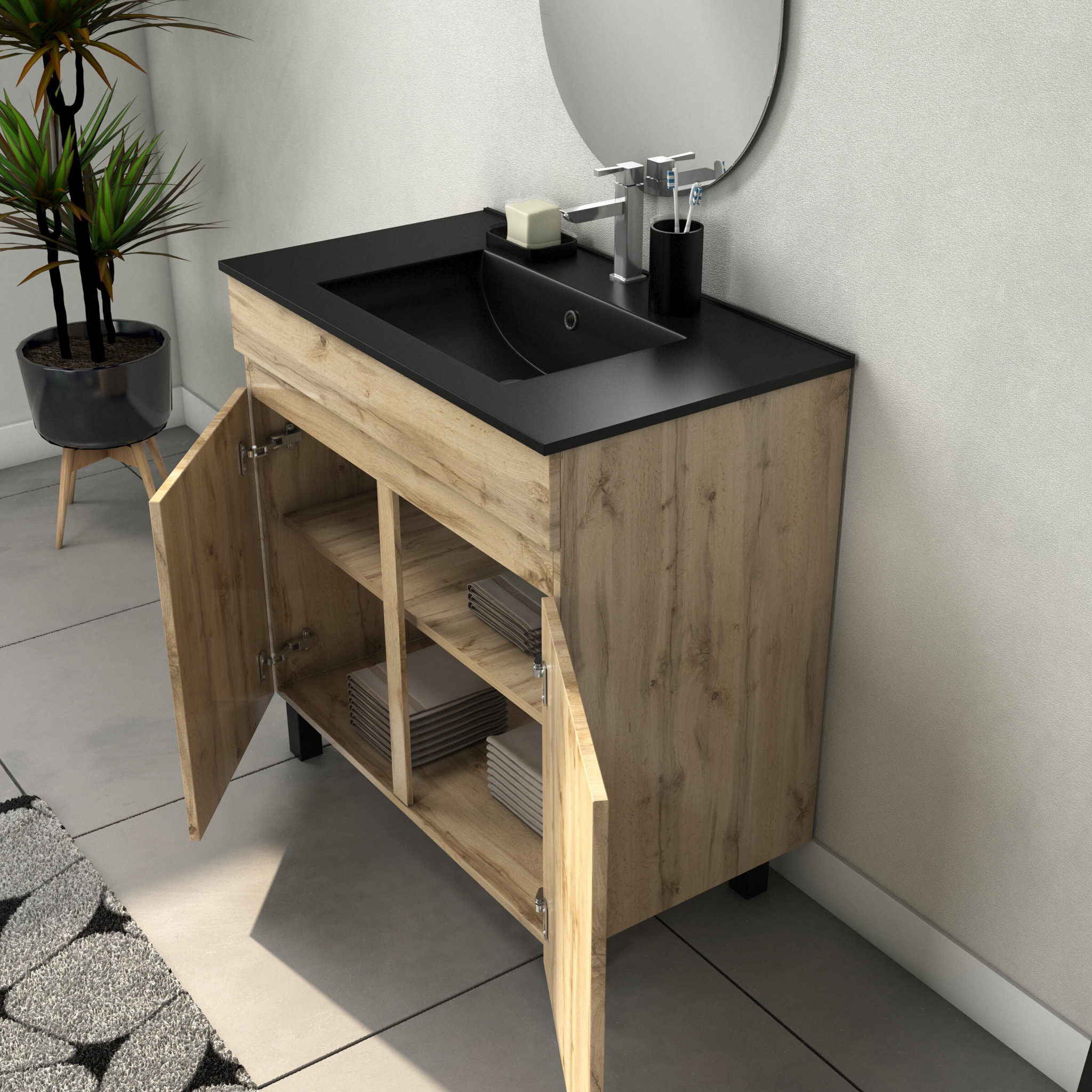 Meuble Salle de Bains 80cm 2 Portes Chêne Naturel + Vasque Noire et Miroir Ovale