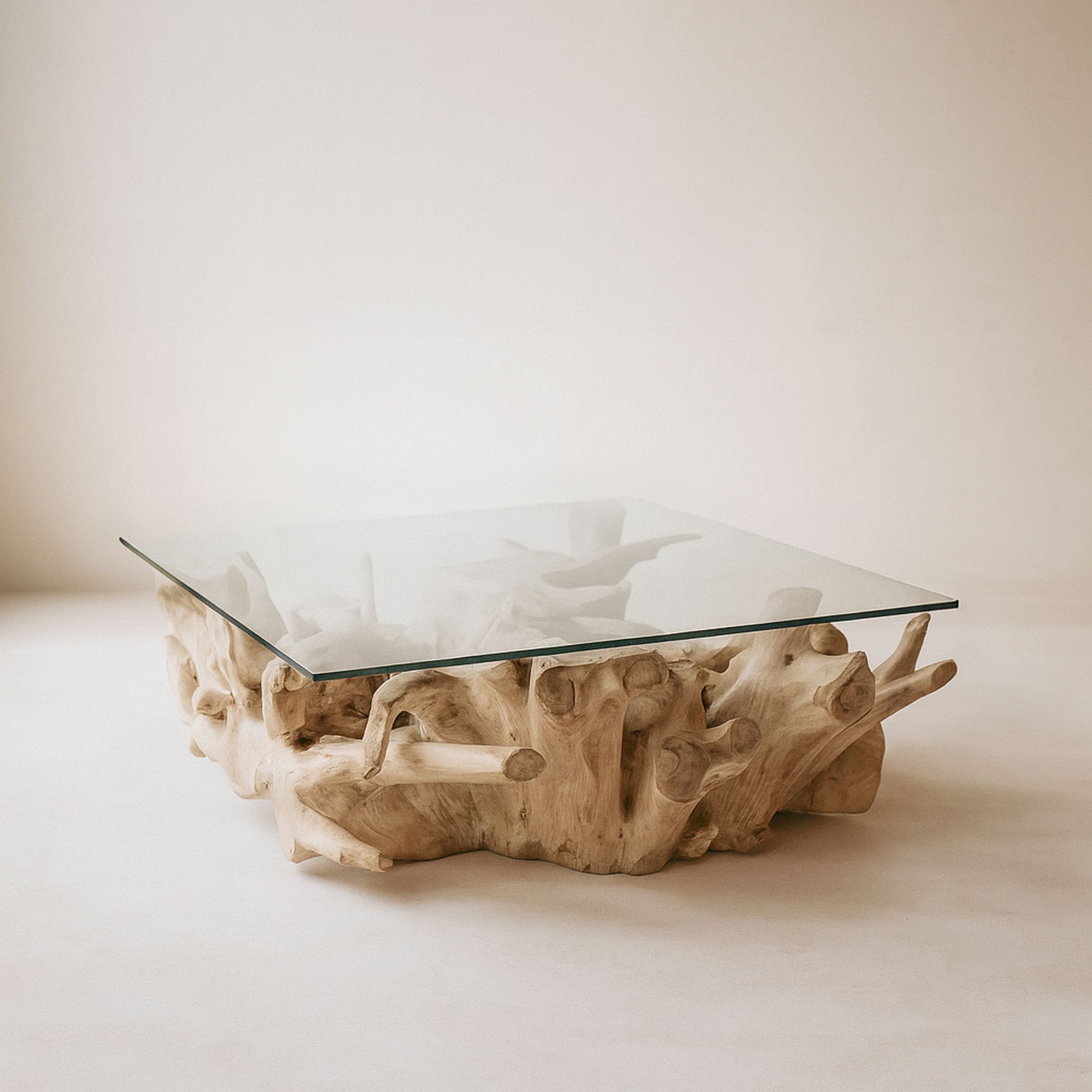 Table basse en racine de teck et plateau en verre 105cm