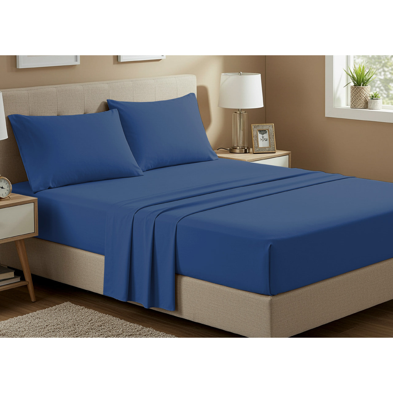 Completo Lenzuola No Stiro In Tinta Unita Con Angolo H.27 cm Colore Blu