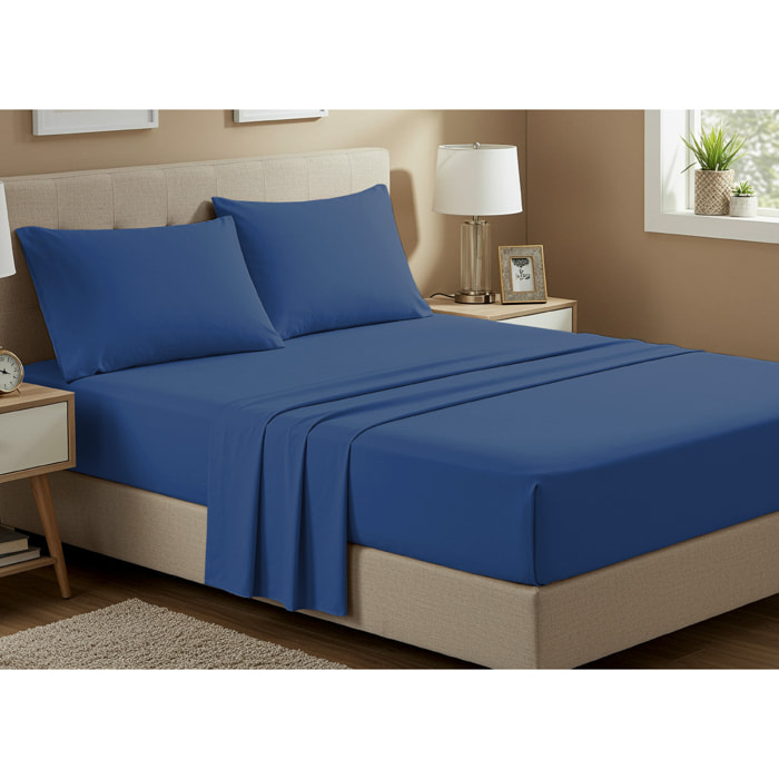 Completo Lenzuola No Stiro In Tinta Unita Con Angolo H.27 cm Colore Blu