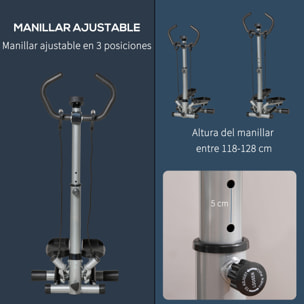 Máquina de Step Stepper Fitness con Manillar Altura Ajustable Pantalla LCD Cintas y Pedales Antideslizantes Equipo de Ejercicio para Gimnasio en Casa 55x53x118-128 cm Plata