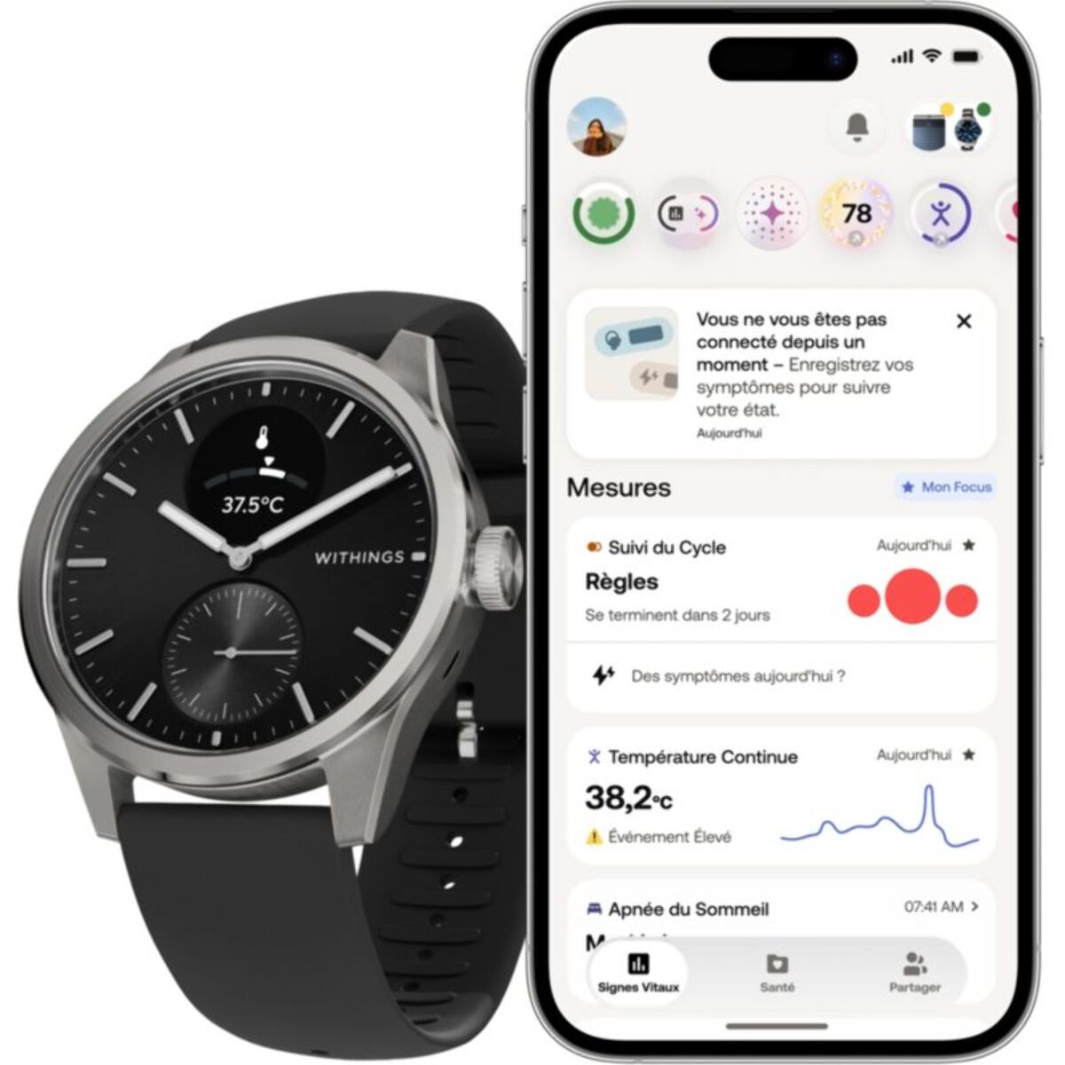 Montre santé WITHINGS Scanwatch 2 42mm Noire + bracelet Cuir offert