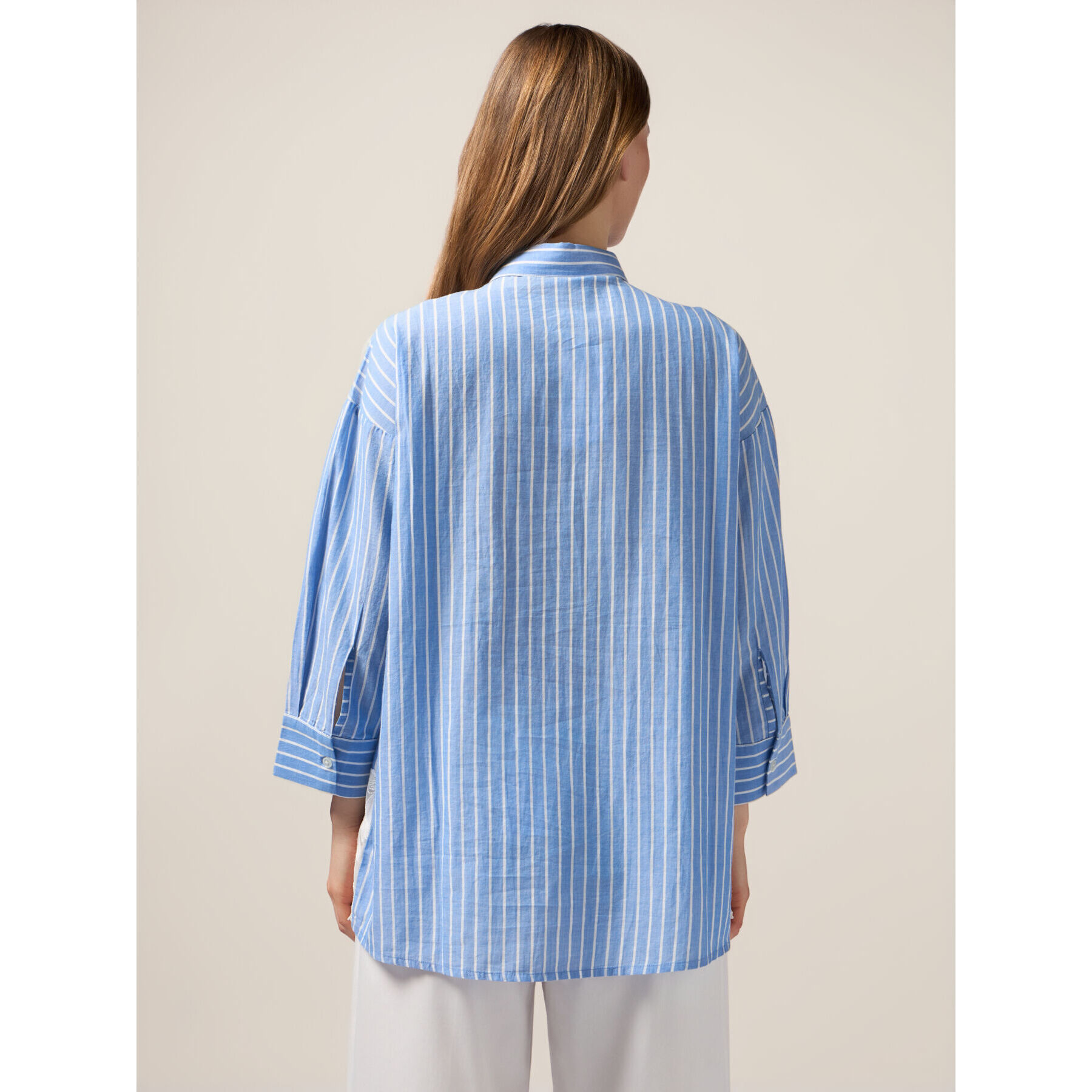 Oltre - Camicia over a righe con pizzo - Azzurro
