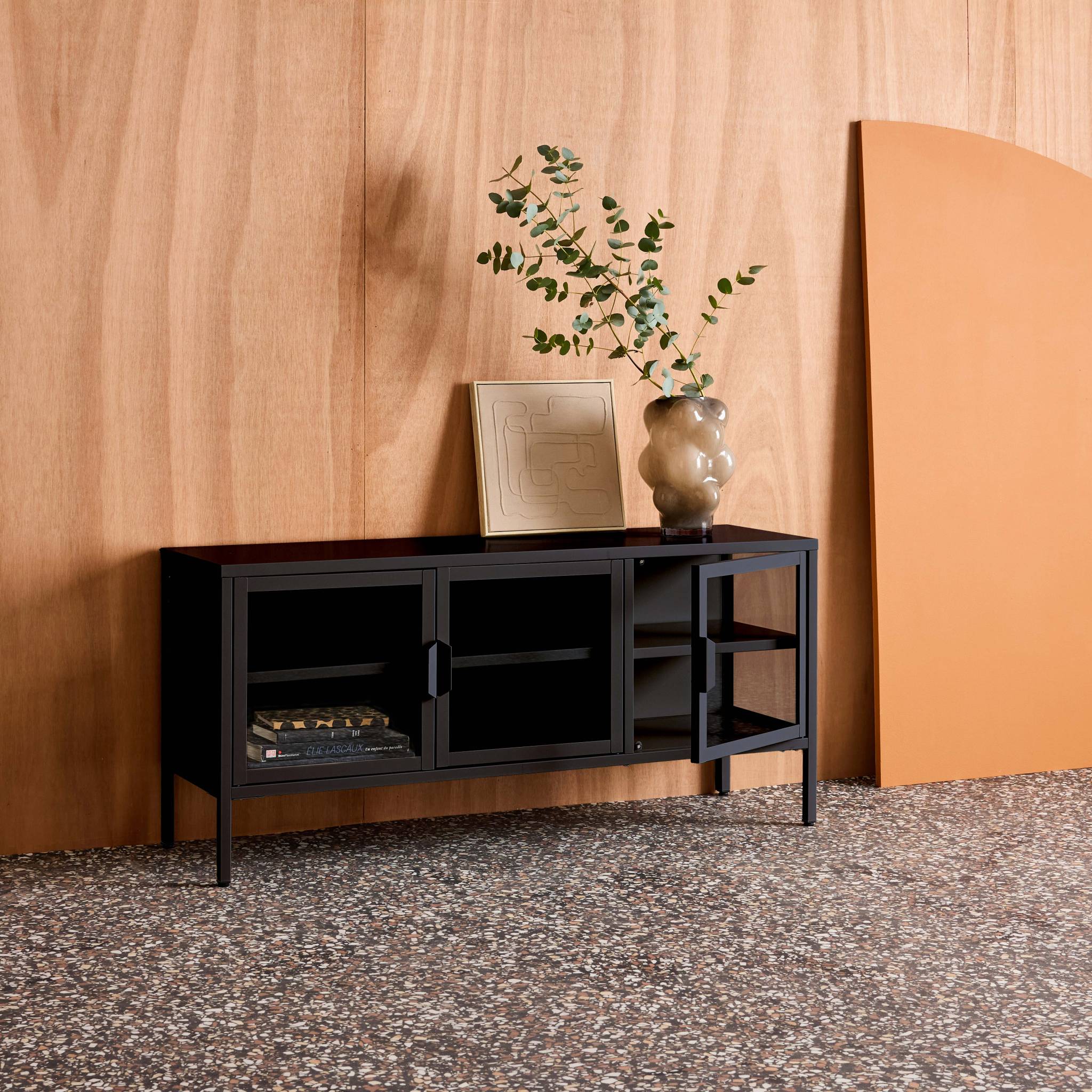 Meuble TV industriel métal et verre trempé 3 portes 120cm ARKANSAS