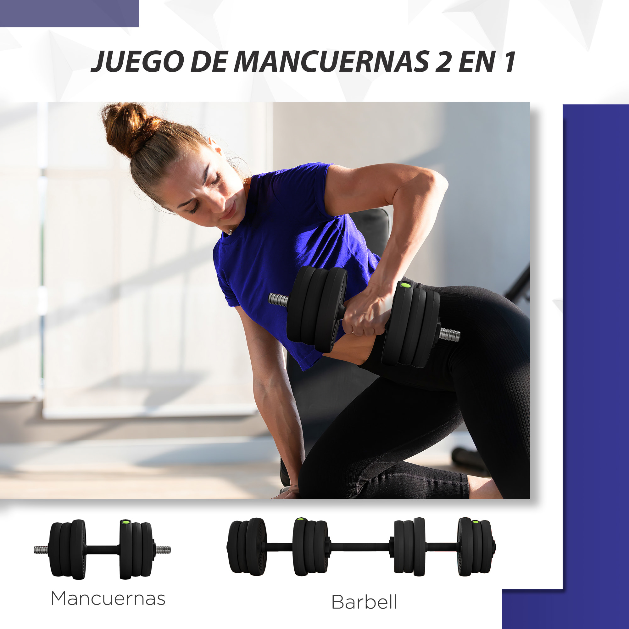 Kit de Mancuernas 20kg 2 en 1 Juego de Pesas con Barra de Pesas Mango Antideslizante Mancuernas Ajustables para Entrenamiento de Fuerza en Hogar Gimnasio Oficina Negro y Verde