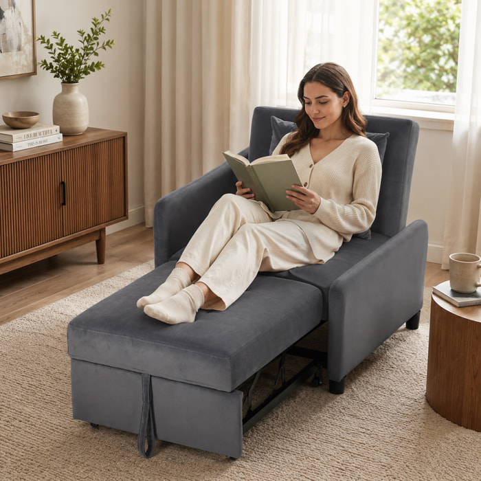 Sofá Cama 1 Plaza Convertible 4 en 1, Sillón Cama Plegable, Tapizado en Terciopelo, Respaldo Ajustable, Almohada con Funda Lavable, para Salón, 72,5x89,5x83 cm, Gris Oscuro