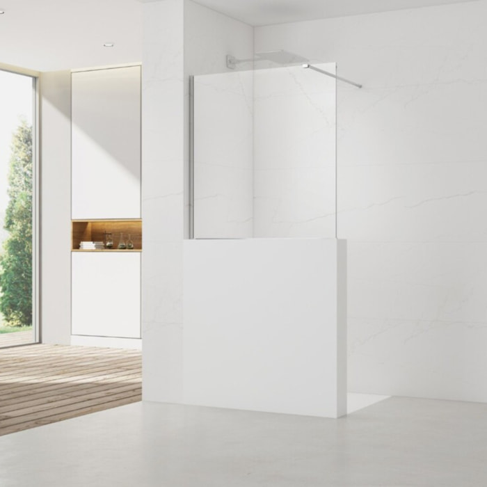 Pare-muret 110x100cm Paroi en verre Crystal Glass® 8 mm anticalcaire, avec bras et profilés chrome brillant (SATBWIS110PR)
