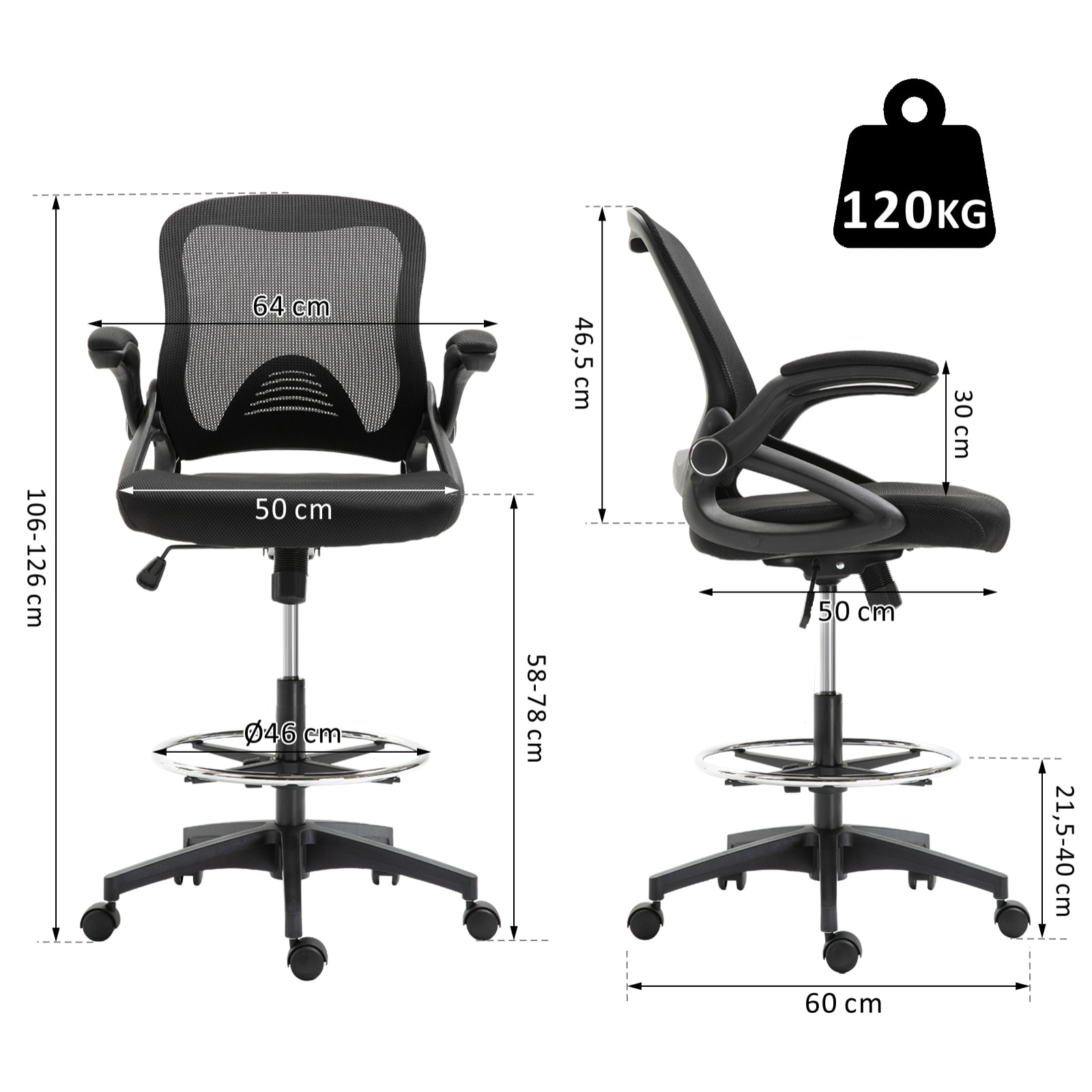 Fauteuil de bureau chaise de bureau assise haute réglable dim. 64L x 60l x 106-126H cm pivotant 360° maille respirante noir