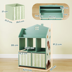 Estantería Infantil para Juguetes con Cajones de Tela, Estantes Abiertos, Diseño de Ositos, Organizador de Juguetes para Dormitorio, Sala de Juegos, Guardería, Verde