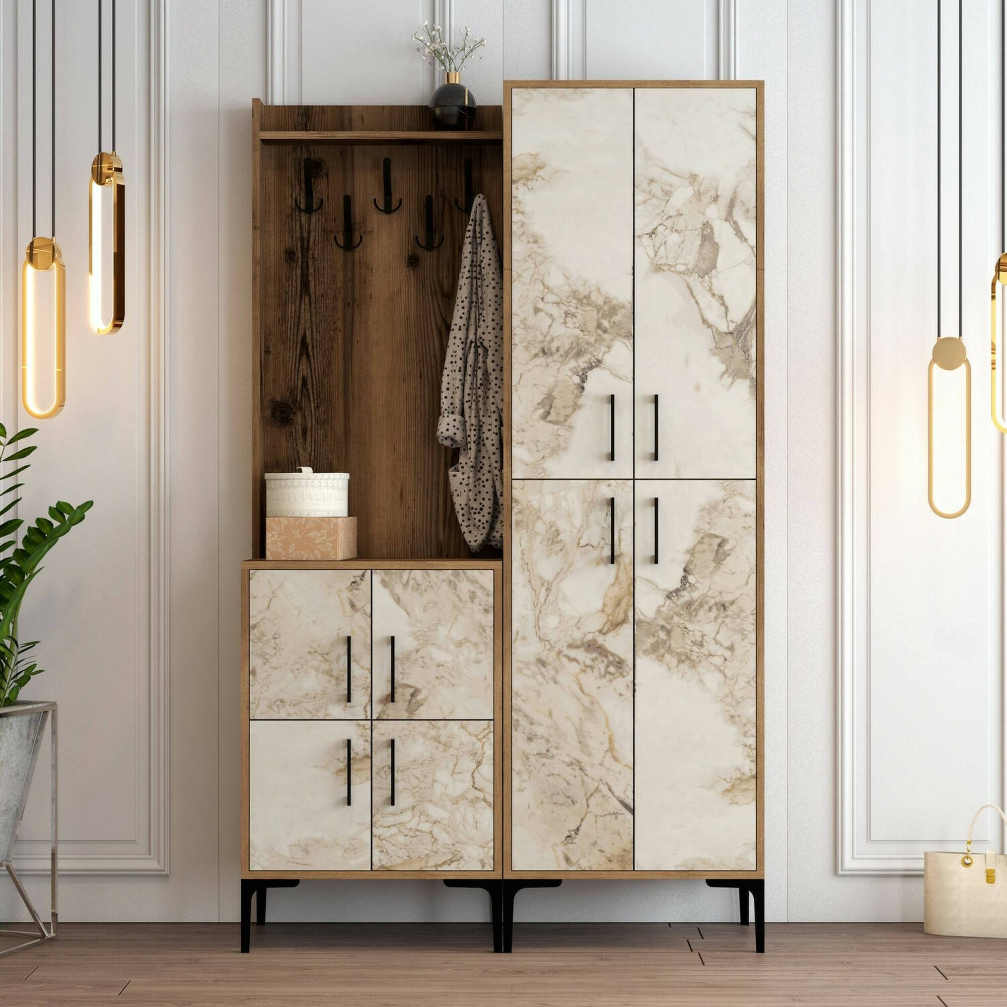 Mobile da ingresso Eufemia, Entratina appendiabiti, Composizione per atrio, Consolle portaoggetti multifunzione, 120x35h200 cm, Noce e Bianco Marmo
